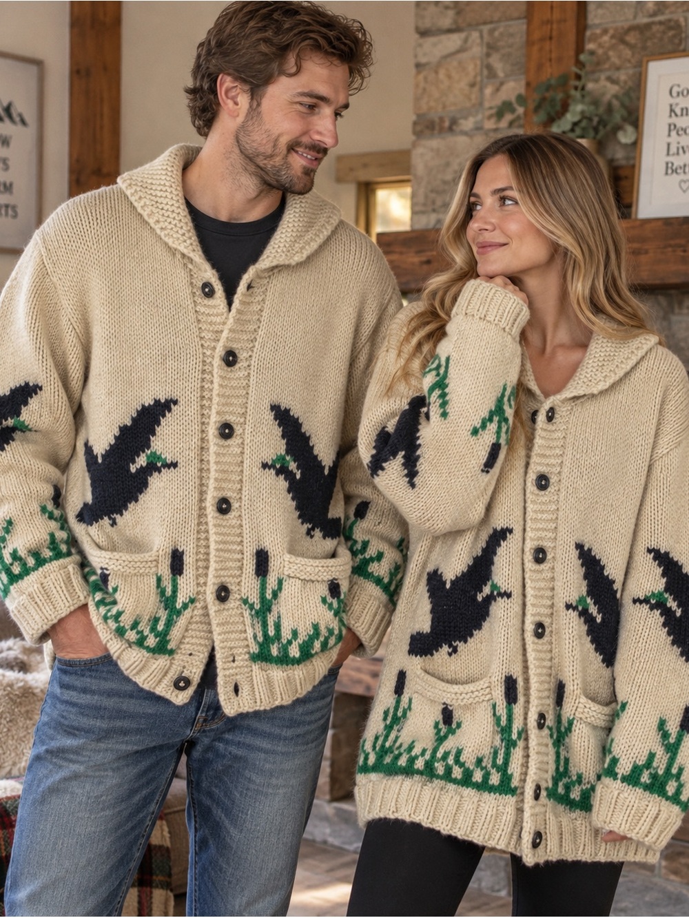 Vintage Mary Maxim Pattern Mallard Duck Hand Knit Cardigan Sweater XL